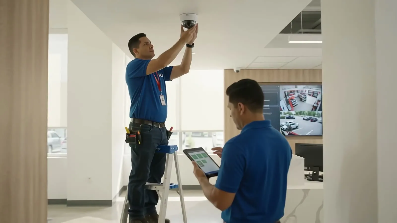 Technician installing a security camera while a colleague checks the feed on a tablet