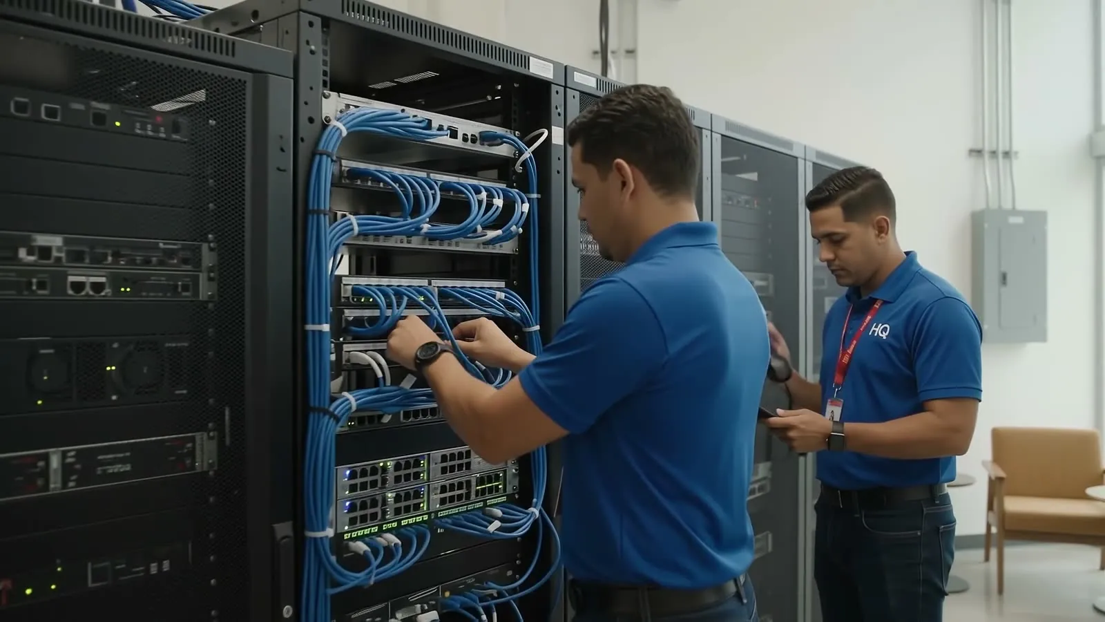 Technicians organizing network cabling in a rack