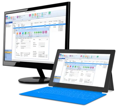 Back office y reportes de RMH en una computadora de escritorio y en una tableta