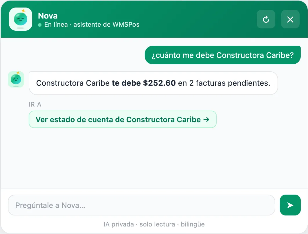 Vista previa de Nova respondiendo cuánto debe un cliente y enlazando a su estado de cuenta