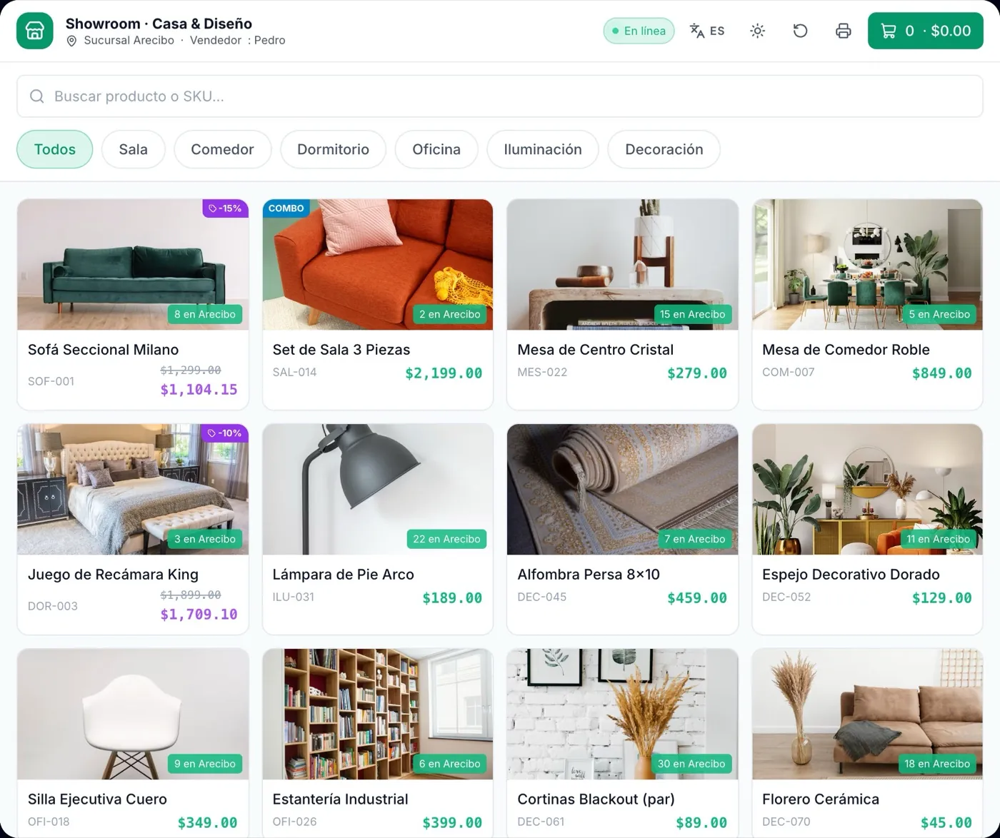 Modo Showroom de WMSPos en tableta: catálogo de muebles con fotos, precios, ofertas y existencia por sucursal